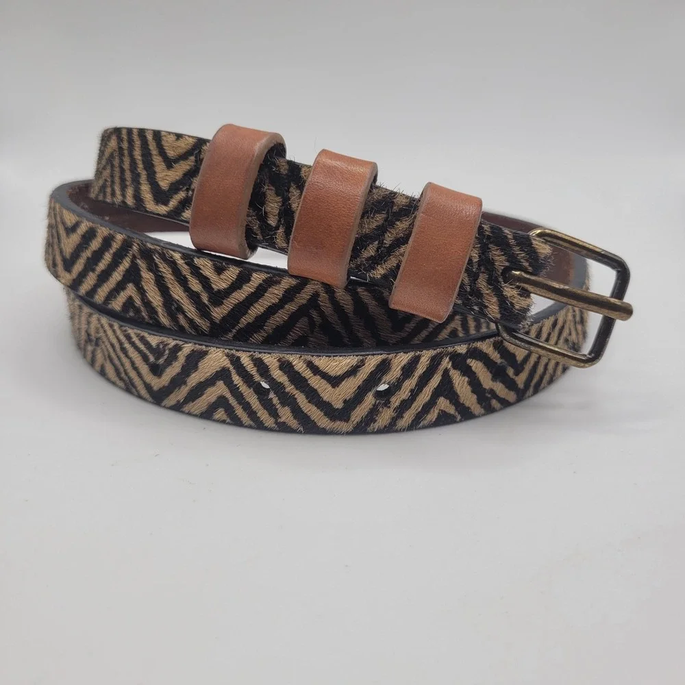 Zebra Print Belt Med Brown Calf Hair Leather Skinny Thin Boho Equestrian Cowgirl